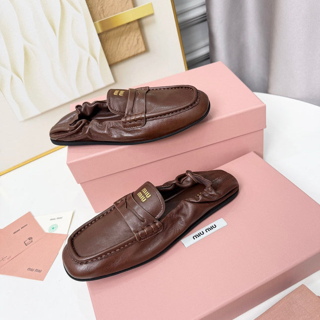MIUMIU 26S RUCHES LOAFERS IN DARK BROWN LAMBSKIN