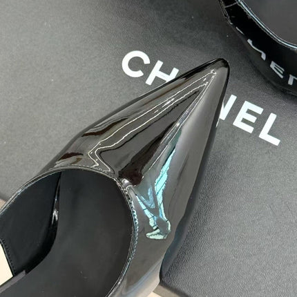 CHANEL 26S SLINGBACK IN BLACK CALFSKIN PATENT WITH BLOCK HEEL