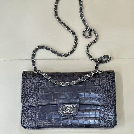CHANEL 26S CLASSIC FLAP BAG IN DARK BLUE CROCODILE-EMBOSSED MATERIAL