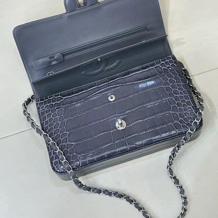CHANEL 26S CLASSIC FLAP BAG IN DARK BLUE CROCODILE-EMBOSSED MATERIAL