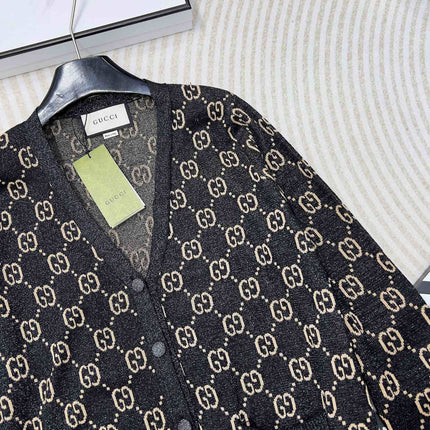 GG V-Neck Long Sleeve Cardigan Black Beige Monogram