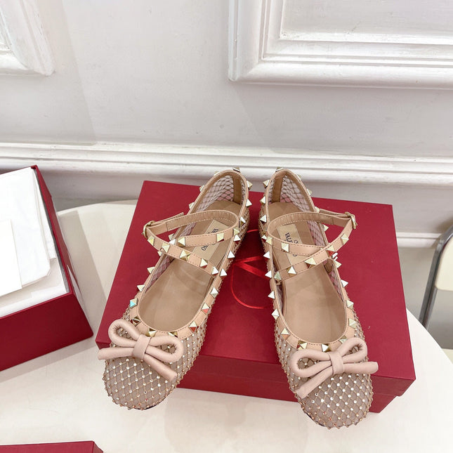 BALLET FLATS ROCKSTUD MESH WITH CRYSTALS IN ROSE CANNELLE