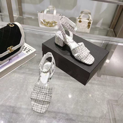 CC HIGH-HEELED SANDALS IN BLACK AND WHITE TWEED
