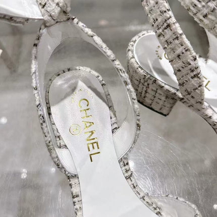CC HIGH-HEELED SANDALS IN BLACK AND WHITE TWEED