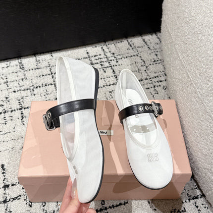 MM BALLET FLATS IN WHITE MESH AND BLACK LEATHER