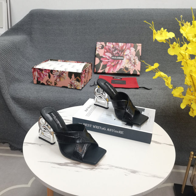 DG MULE HEELS IN BLACK CALFSKIN WITH SCULPTURAL SILVER HEEL