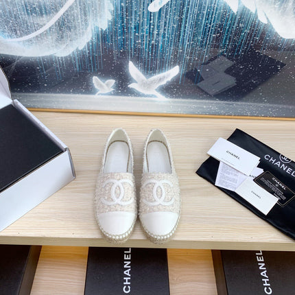 CC ESPADRILLES FLAT SHOES IN BEIGE TWEED AND LEATHER