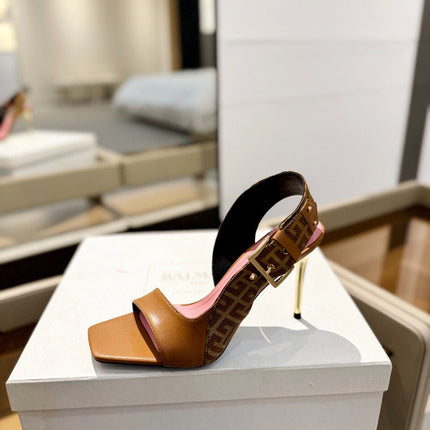 RUBY SANDALS IN BROWN CALFSKIN AND PB LABYRINTH CANVAS