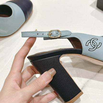 CC SLINGBACK PUMPS IN BLUE AND BLACK CALFSKIN