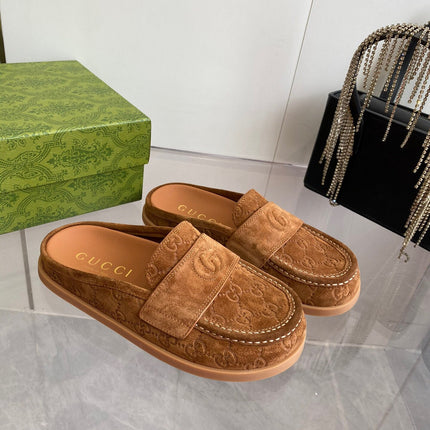 GG LOAFERS IN BROWN MONOGRAM EMBOSSED SUEDE