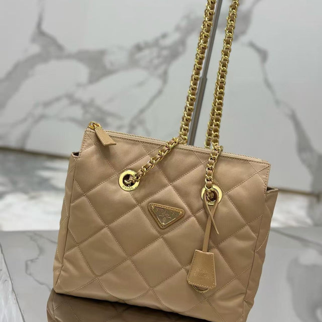 PRADA QUILTED SHOULDER BAG 25 IN LIGHT BROWN CALFSKIN
