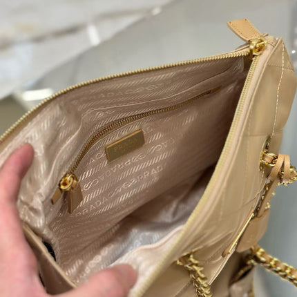 PRADA QUILTED SHOULDER BAG 25 IN LIGHT BROWN CALFSKIN