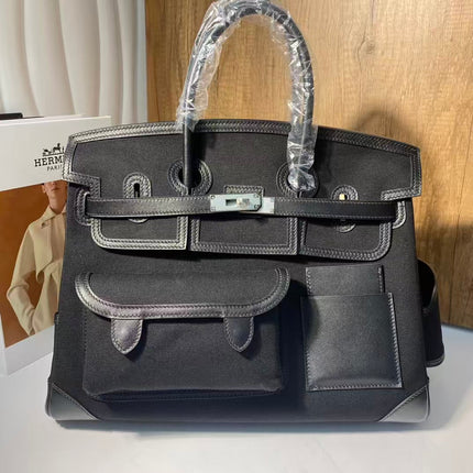 BIRKIN CARGO 35CM BLACK CANVAS AND LEATHER SILVER HARDWARE
