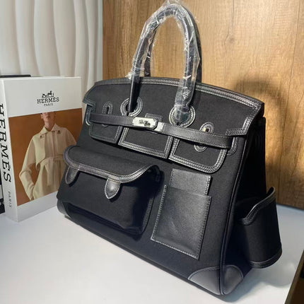 BIRKIN CARGO 35CM BLACK CANVAS AND LEATHER SILVER HARDWARE