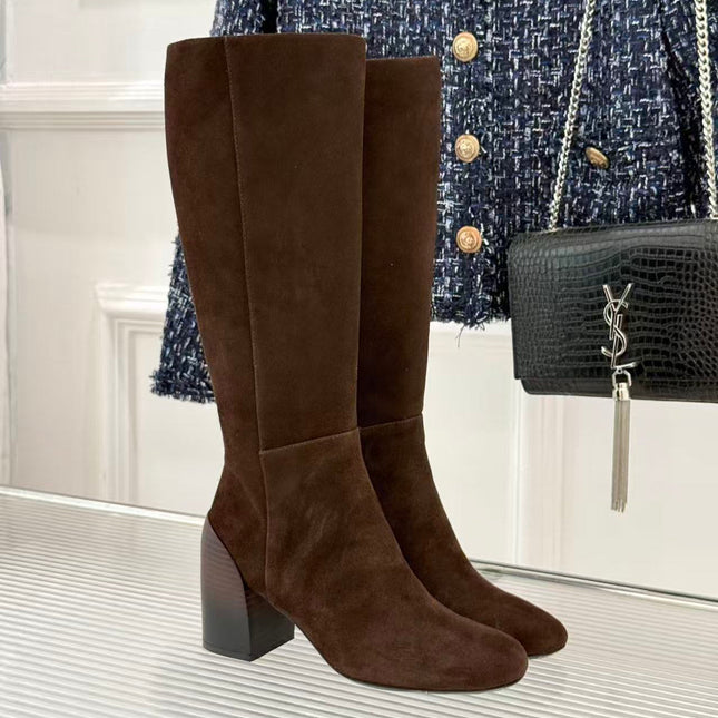 YSL 26S KNEE-HIGH BOOTS IN DARK BROWN SUEDE WITH BLOCK HEEL