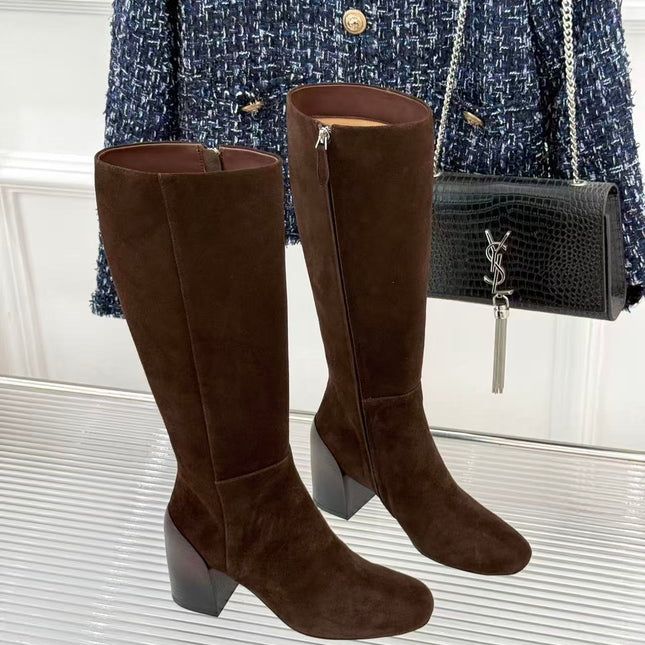 YSL 26S KNEE-HIGH BOOTS IN DARK BROWN SUEDE WITH BLOCK HEEL