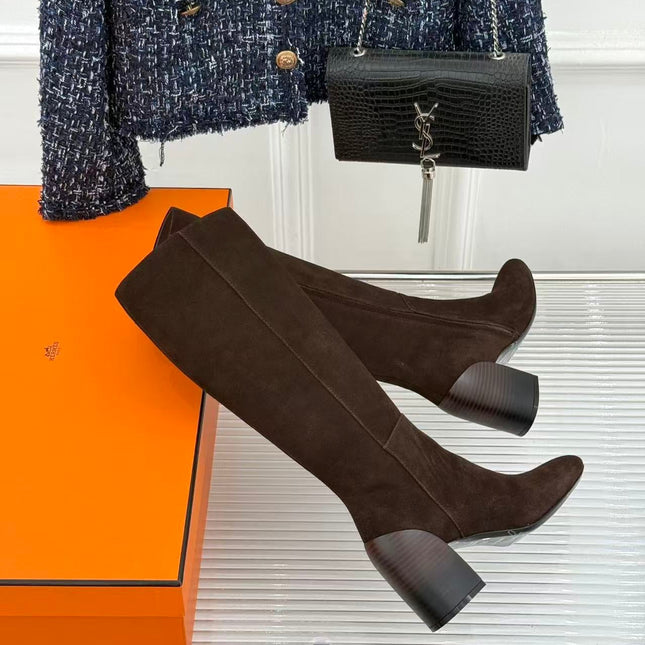 YSL 26S KNEE-HIGH BOOTS IN DARK BROWN SUEDE WITH BLOCK HEEL