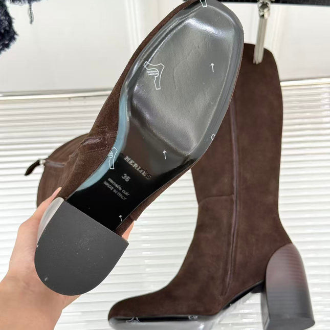 YSL 26S KNEE-HIGH BOOTS IN DARK BROWN SUEDE WITH BLOCK HEEL