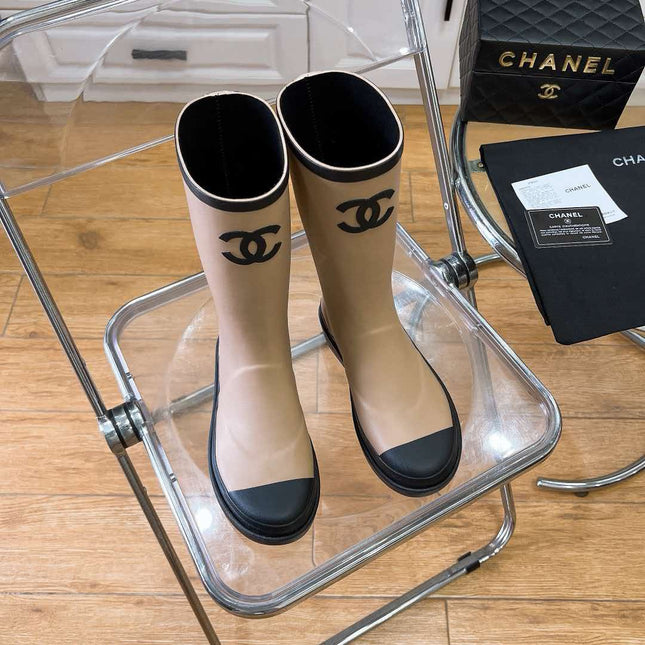 CHANEL 26S RAIN BOOT IN BEIGE AND BLACK COLOR