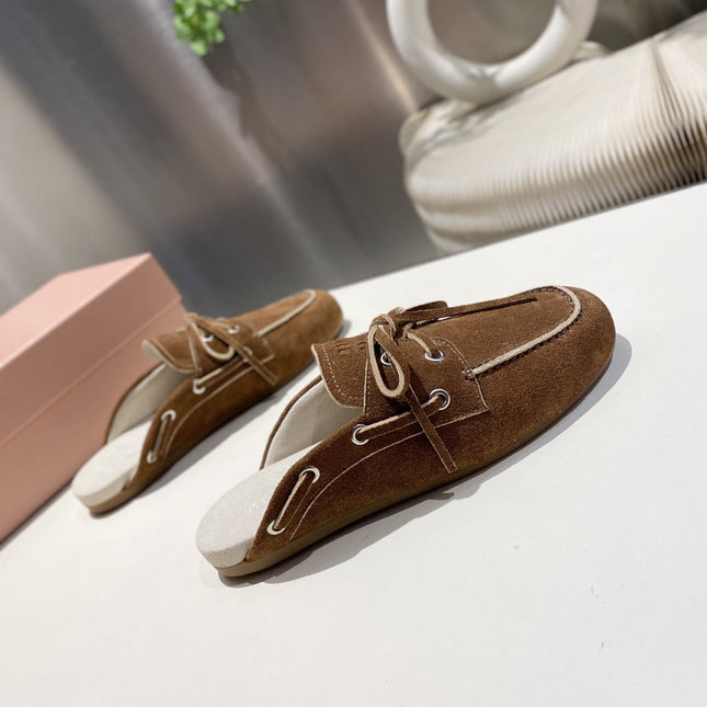 MIU FADED MULE IN BROWN ECRU SUEDE