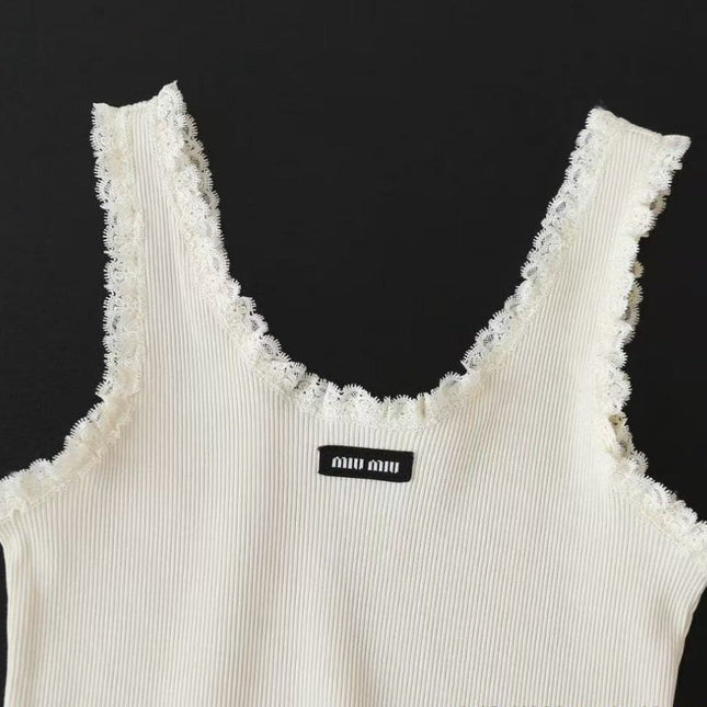 MIU MIU LACE-TRIM TANK TOP IN WHITE