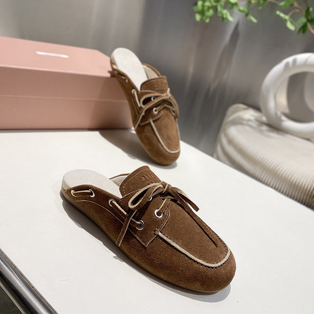 MIU FADED MULE IN BROWN ECRU SUEDE