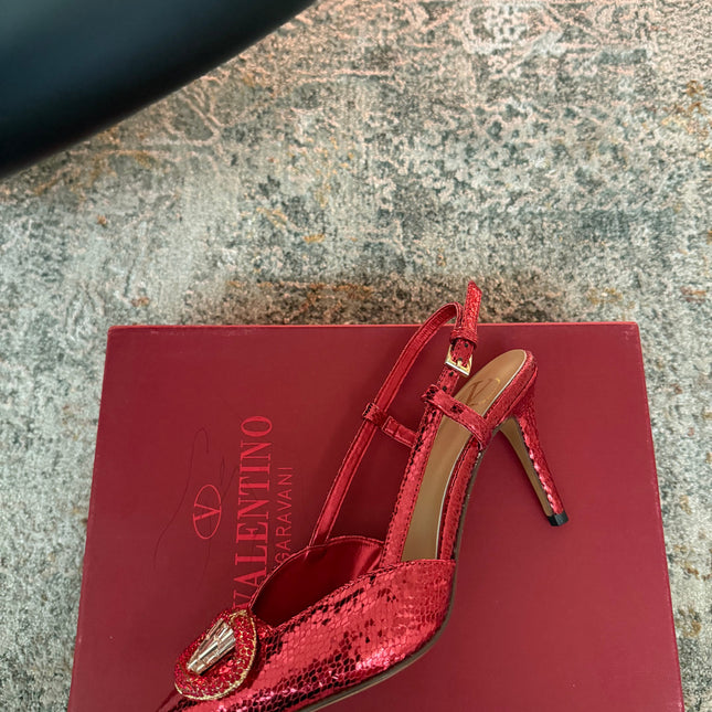 VALENTINO 26S SLINGBACKS 75 MM IN METALLIC RED SNAKESKIN