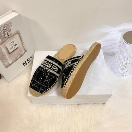 GRANVILLE ESPADRILLE BLACK OBLIQUE EMBROIDERED COTTON MULE