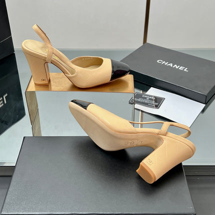 CC SLINGBACK 25S 90 MM IN BEIGE LAMBSKIN AND BLACK GLOSSY LEATHER WITH CHECK PATTERN