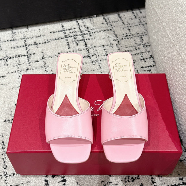 ROGER VIVIER 25S CRYSTAL HEEL MULE IN LIGHT PINK CALFSKIN