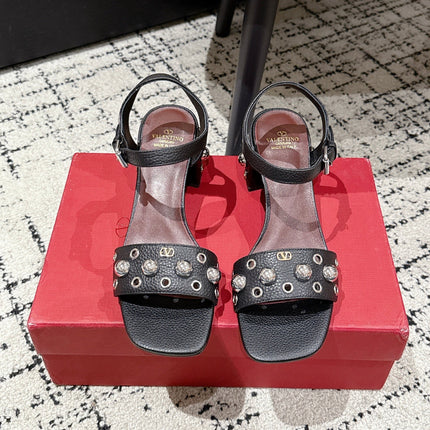 VLTN STUDDED BLOCK HEEL SANDALS 25S 60 MM IN BLACK LAMBSKIN