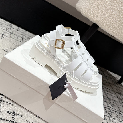 PRADA 25S FISHERMAN OPEN TOE SANDALS IN WHITE CALFSKIN