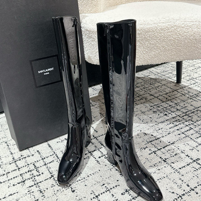 YSL 25S PLATFORM KNEE-HIGH BOOTS 70 MM IN BLACK GLOSSY LAMBSKIN