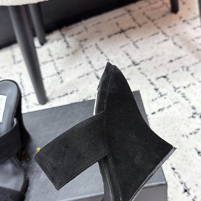 ALAIA 26S DOUBLE STRAP WEDGE SANDALS 110 MM IN BLACK SUEDE