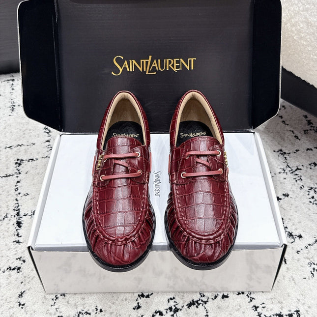 YSL 26S LOAFERS IN DARK RED CALFSKIN WITH CROCODILE EMBOSSING
