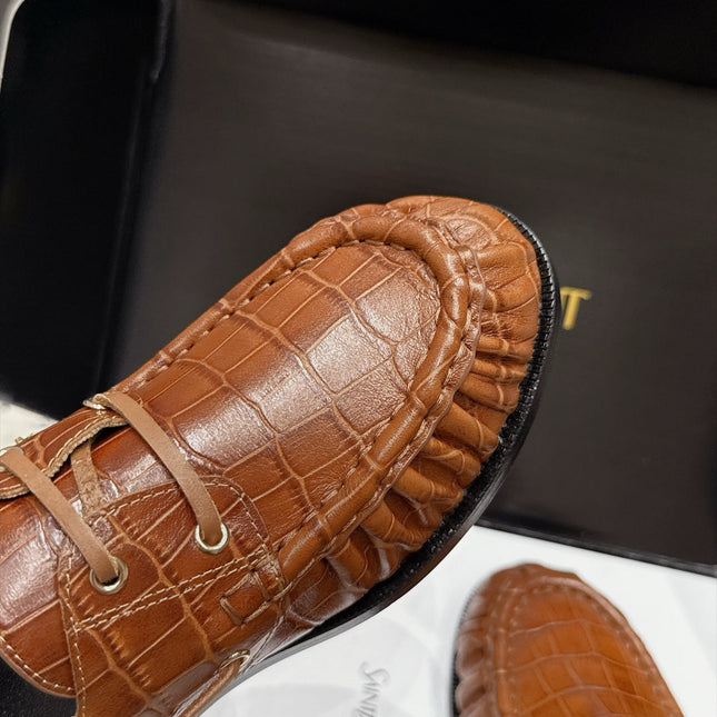 YSL 26S LOAFERS IN BROWN CALFSKIN WITH CROCODILE EMBOSSING