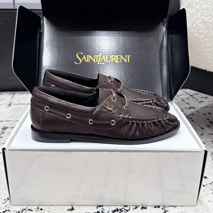 YSL 26S LOAFERS IN DARK BROWN CALFSKIN WITH HORIZONTAL STRAP