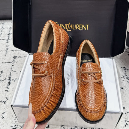 YSL 26S LOAFERS IN CAMEL BROWN CALFSKIN WITH SNAKESKIN EMBOSSING