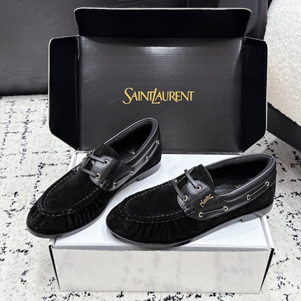 YSL 26S LOAFERS IN BLACK SUEDE & CALFSKIN WITH HORIZONTAL STRAP