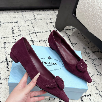 PRADA 26S POINTED-TOE BALLET IN BURGUNDY SUEDE