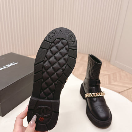CHANEL ANKLE BOOTS 25S IN BLACK LAMBSKIN EMBOSSED LOGO WITH GOLD HARDWARE