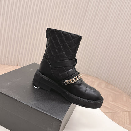 CHANEL ANKLE BOOTS 25S IN BLACK LAMBSKIN EMBOSSED LOGO WITH GOLD HARDWARE