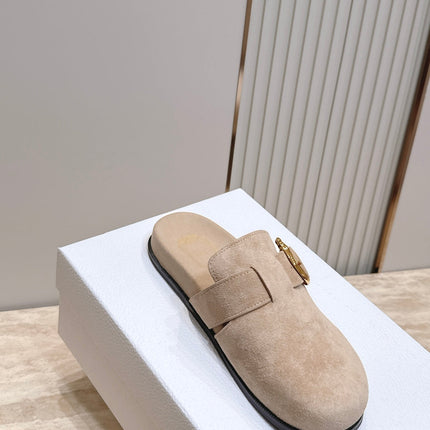 DIOR 26S BUCKLE MULE LOAFERS IN BEIGE SUEDE GOLD HARDWARE