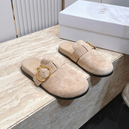 DIOR 26S BUCKLE MULE LOAFERS IN BEIGE SUEDE GOLD HARDWARE