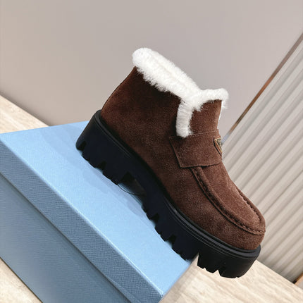 PRADA 26S ANKLE BOOTS 50MM IN DARK BROWN SUEDE WITH FUR LINED