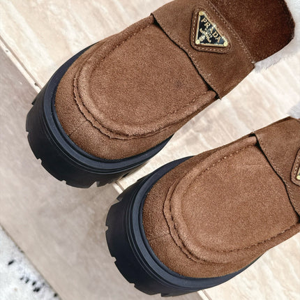 PRADA 26S ANKLE BOOTS 50MM IN CARAMEL BROWN SUEDE WITH FUR LINED