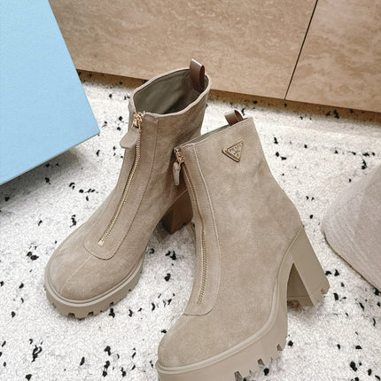 PRADA 26S FRONT ZIP CHUNKY HEEL ANKLE BOOTS 70MM IN LIGHT BROWN SUEDE GOLD HARDWARE