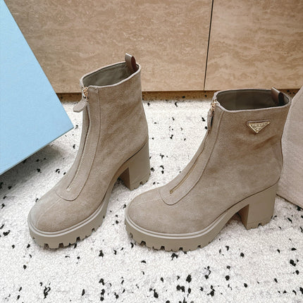 PRADA 26S FRONT ZIP CHUNKY HEEL ANKLE BOOTS 70MM IN LIGHT BROWN SUEDE GOLD HARDWARE