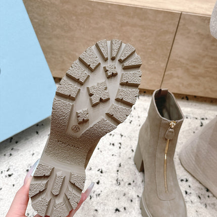 PRADA 26S FRONT ZIP CHUNKY HEEL ANKLE BOOTS 70MM IN LIGHT BROWN SUEDE GOLD HARDWARE