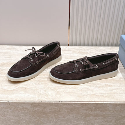 PRADA 26S LACE UP BOAT SHOES IN DARK BROWN SUEDE WITH LACES